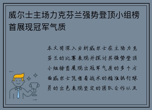 威尔士主场力克芬兰强势登顶小组榜首展现冠军气质