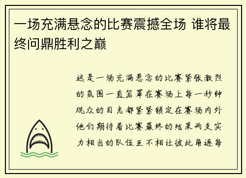 一场充满悬念的比赛震撼全场 谁将最终问鼎胜利之巅
