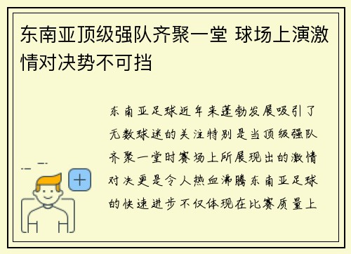 东南亚顶级强队齐聚一堂 球场上演激情对决势不可挡