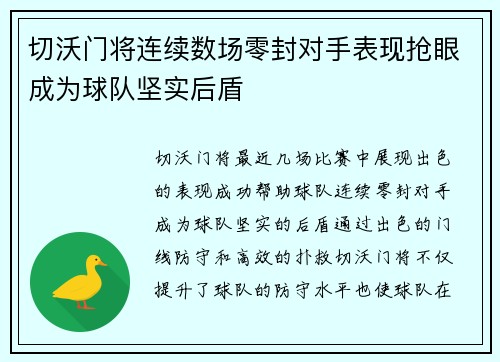 切沃门将连续数场零封对手表现抢眼成为球队坚实后盾