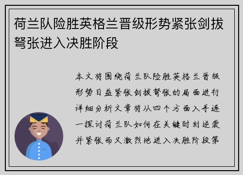 荷兰队险胜英格兰晋级形势紧张剑拔弩张进入决胜阶段