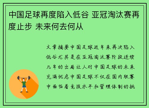 中国足球再度陷入低谷 亚冠淘汰赛再度止步 未来何去何从