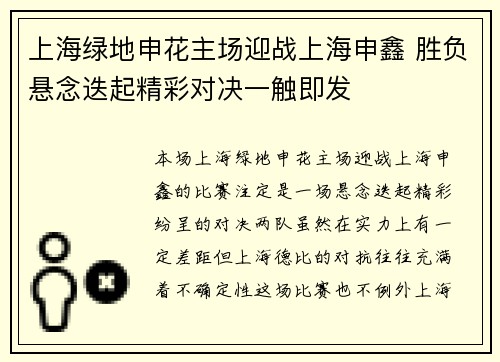 上海绿地申花主场迎战上海申鑫 胜负悬念迭起精彩对决一触即发
