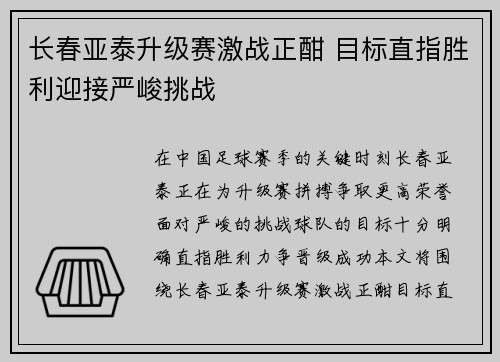 长春亚泰升级赛激战正酣 目标直指胜利迎接严峻挑战